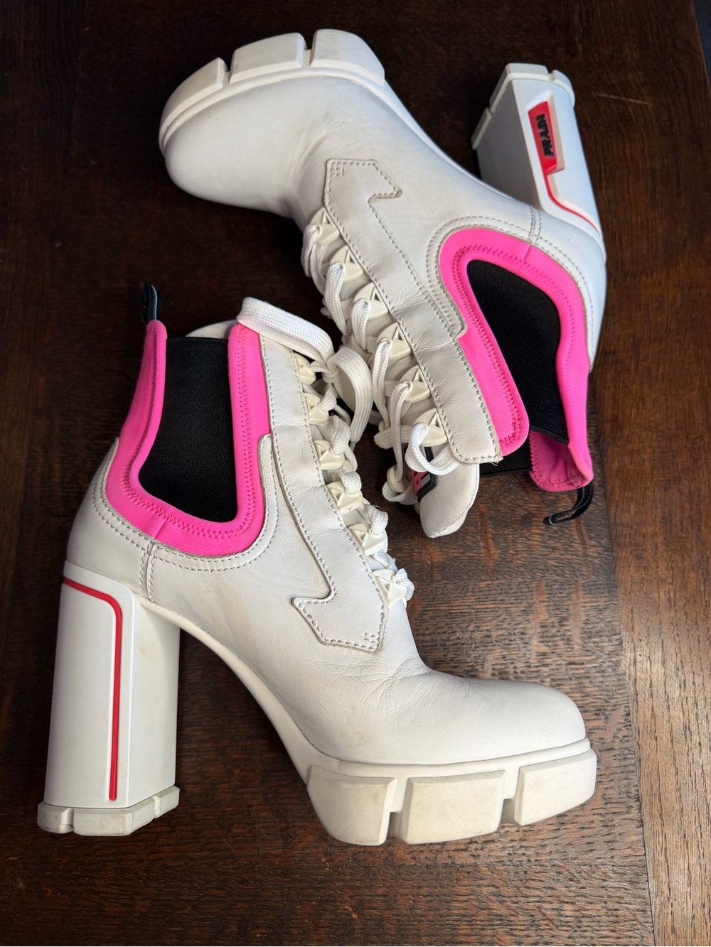 Prada White Leather & Neon Pink Neoprene Chunky Heel Lace Up Boots IT 6.5 - Picture 10 of 16